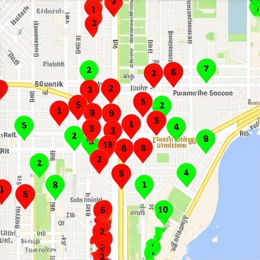 A screenshot showing a local search grid tracker illustrating Google Maps visibility across a city map.