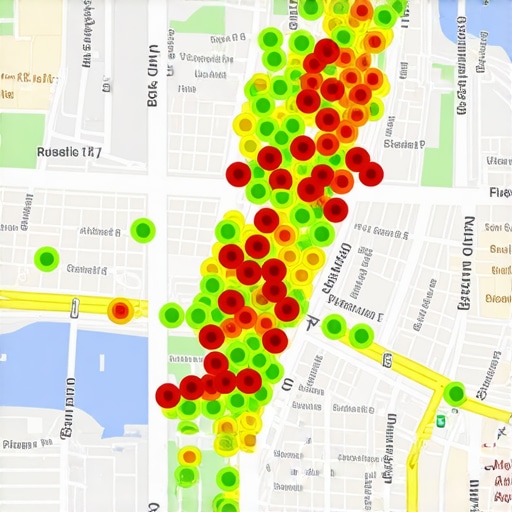 A digital heat map showing local search rankings across a city area.