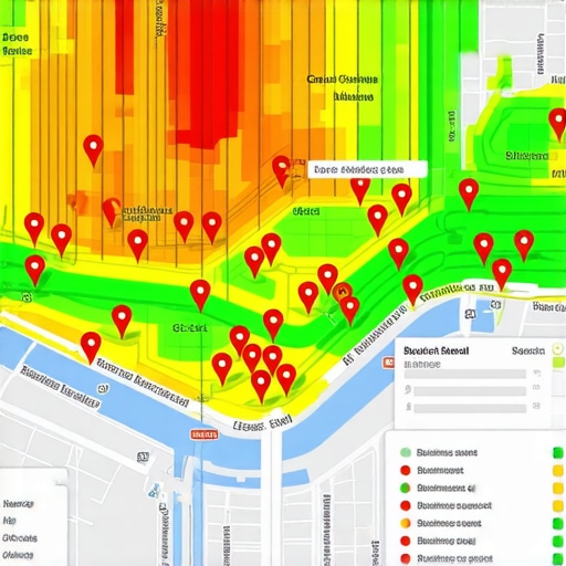 A digital heat map grid showing local business rankings across a city map to identify visibility gaps.