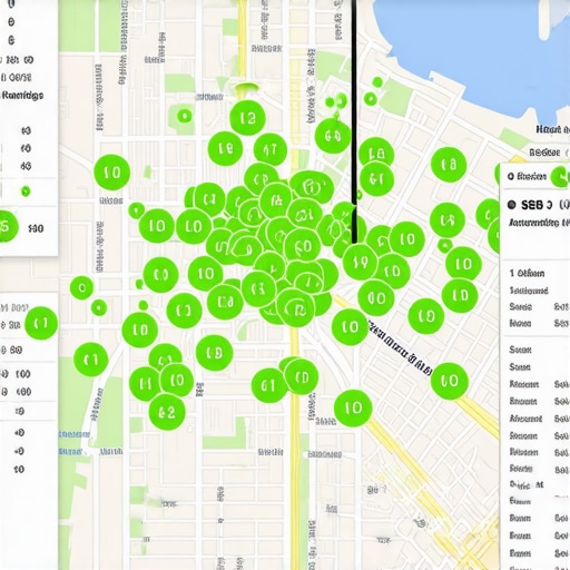 Local SEO heatmap showing ranking dominance Heatmap visualization of local search rankings across a city