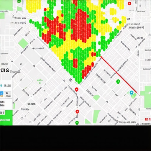A geographic grid map showing different ranking positions for a local business across a metropolitan area.
