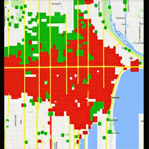 A digital heat map showing local SEO rank tracking across a city grid