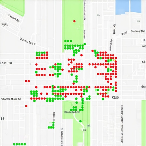 Local Search Grid Visibility Dashboard A visual representation of local SEO rank tracking showing a grid of ranking positions over a city map.