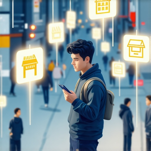 Local Voice Search Interaction Illustration Person using voice search on a smartphone to find local businesses in a city.