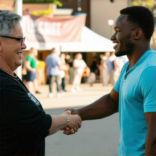 Local business owner engaging with the community to boost relevance Local business owner shaking hands at a community event to signal local authority