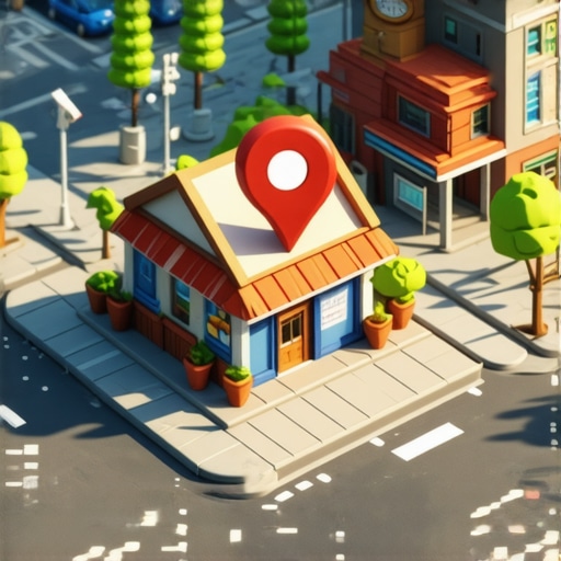 Digital map pin glowing over a local business storefront in a detailed neighborhood representing local SEO success.