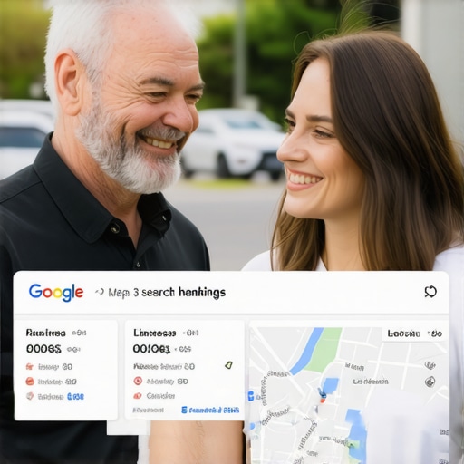 Optimizing Google Business Profile for Local Rankings Business owner checking local map pack rankings on a tablet with a customer in a neighborhood.