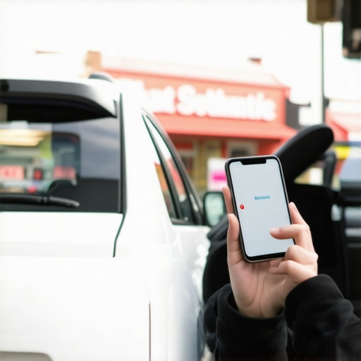 A driver using voice search to find a local business on their smartphone while parked.