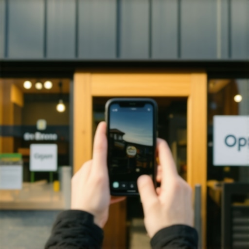 Photographing your new business location for Google verification Business owner taking photos of new storefront signage to verify Google Business Profile address change