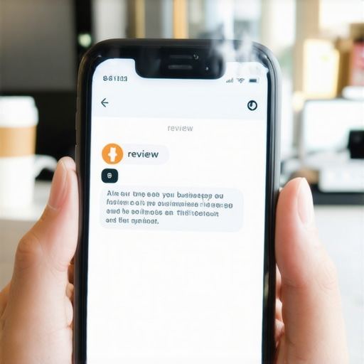 Strategic Review Request via SMS Notification A smartphone displaying a professional text message invite for a Google review in a local business setting.