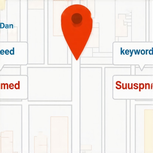 Google Maps business profile showing a suspension warning due to keyword stuffing