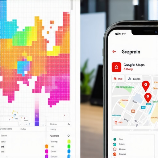 A heat map visualization of local search rankings across a city grid