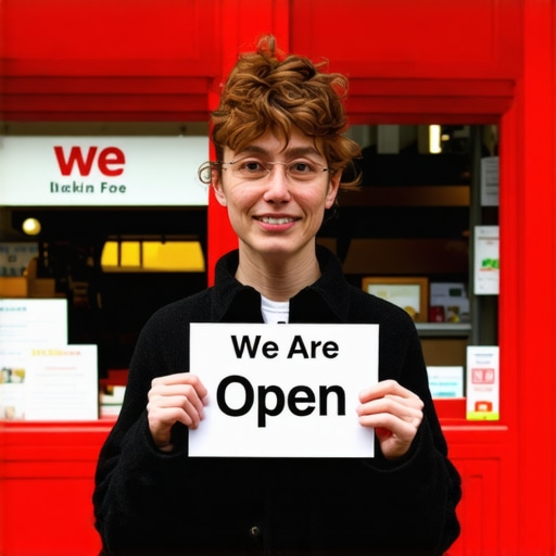 Business owner showing storefront and 'open' sign to verify Google Maps listing.