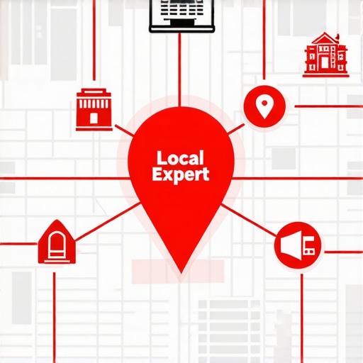 A map showing a business pin connected to local community landmarks illustrating local SEO relevance.