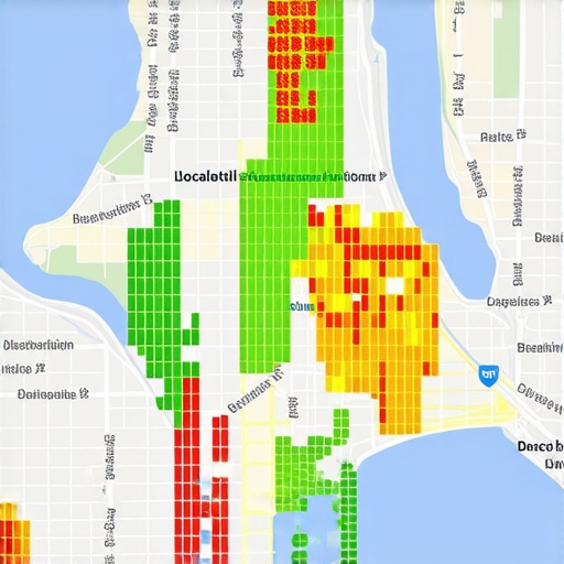 Visualizing Local SEO Ranking Gaps with Heatmap Software A grid-based heatmap showing Google Maps ranking positions across a city neighborhood.